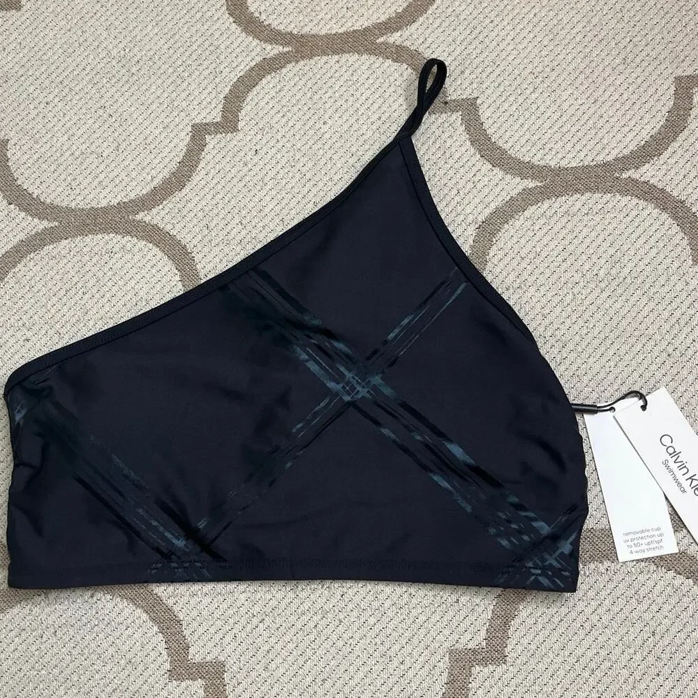 Calvin Klein‎ Bikini Top Tonal Plaid One-Shoulder Swim Black size large,MSRP $78